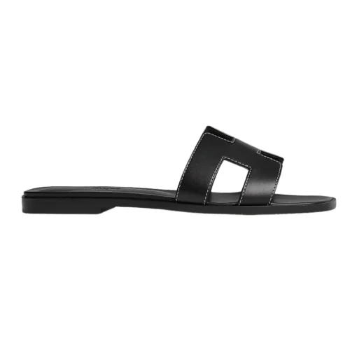 Hermes Oran Sandal Black Calfskin-White Top Stitch Flat Shoes
