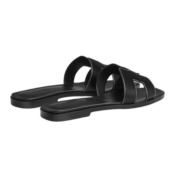 Hermes Oran Sandal Black Calfskin-White Top Stitch Flat Shoes